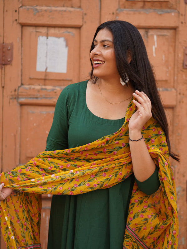 Green Solid Floral Anarkali Suit Set - Jonaya