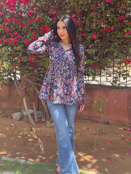Rosy indigo full sleeves peplum top - Jonaya