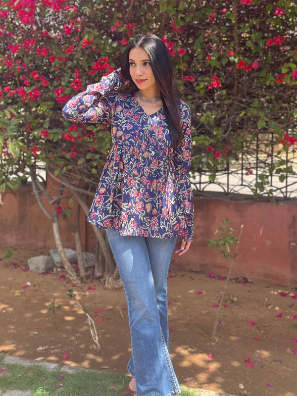 Rosy Indigo Full Sleeves Peplum Top - Jonaya