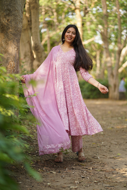 White Pink Pastel Anarkali Suit Set