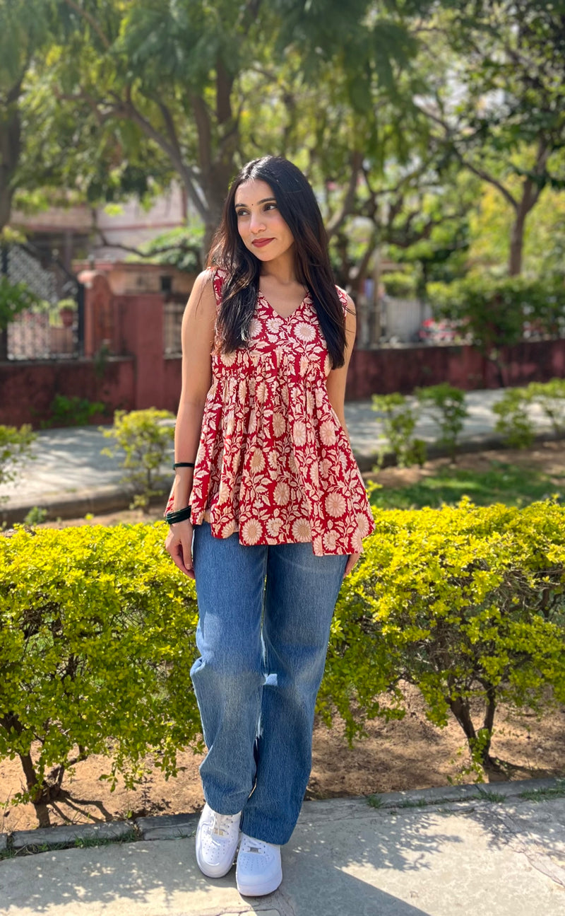 Red sunflower Cut Sleeve peplum top - Jonaya