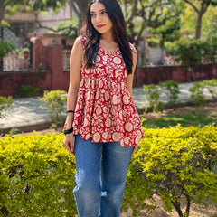 Red sunflower Cut Sleeve peplum top - Jonaya