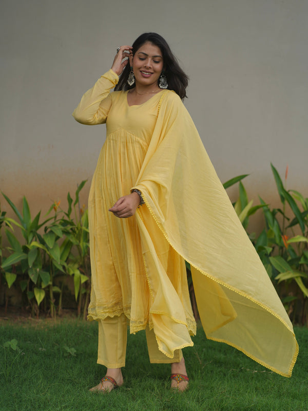 Butter Yellow Mul Cotton Flare Suit Set - Jonaya