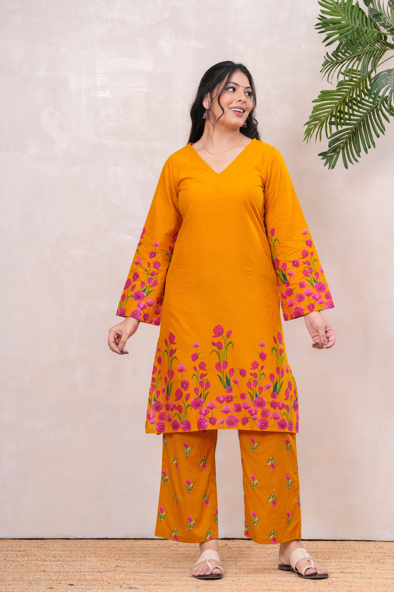 Pink yellow floral straight kurta set Jonaya