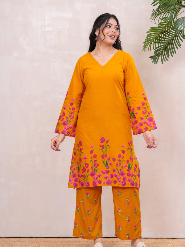 Pink Yellow Floral Straight Kurta Set - Jonaya
