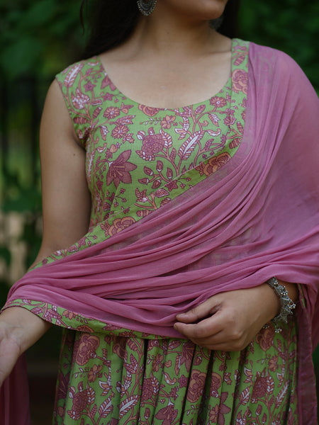 Green Purple floral Anarkali set - Jonaya