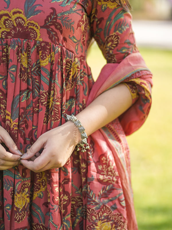 Peach Floral Flare Suit Set - Jonaya