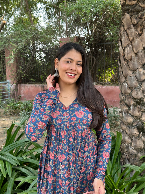 Deep Blue High Slit Flared Kameez - Jonaya