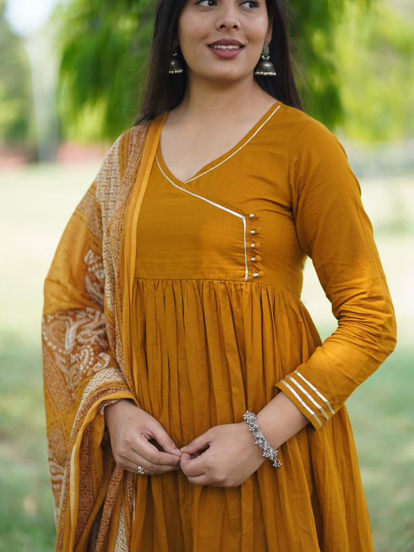 Mustard Solid Angrakha Potli Flare Suit Set - Jonaya
