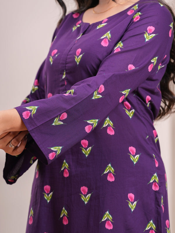 Purple Pink Floral Straight Suit Set - Jonaya