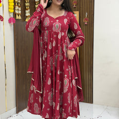 Festive Maroon green paisley Anarkali set Jonaya