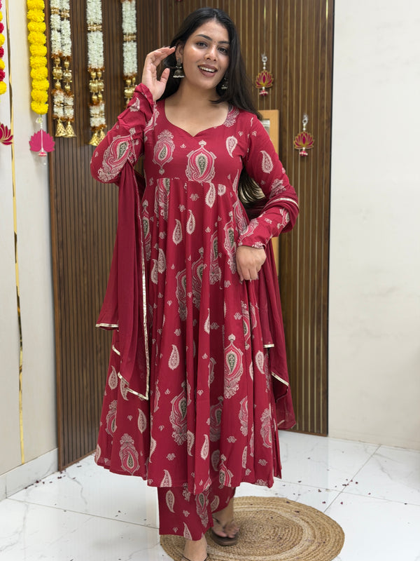 Festive Maroon green paisley Anarkali set Jonaya