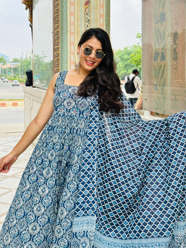 Indigo Ajrakh Flare Suit Set - Jonaya