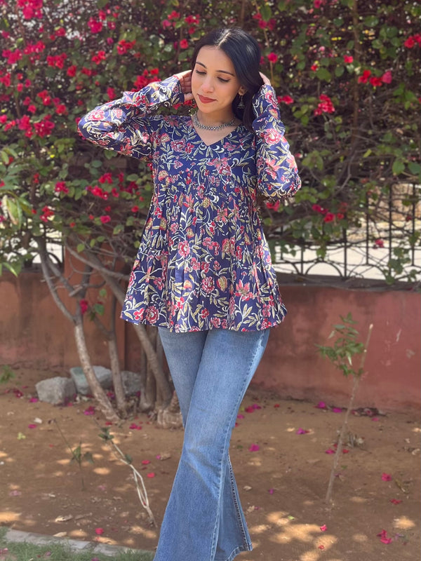 Rosy Indigo Full Sleeves Peplum Top - Jonaya