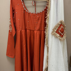 Rust Orange Hand embroidered Lux Anarkali Jonaya