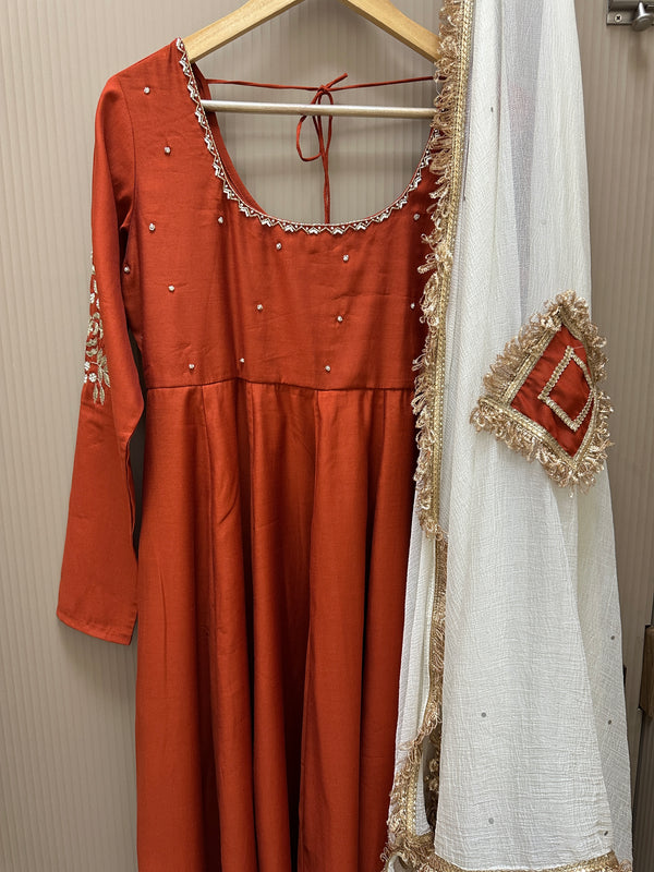 Rust Orange Hand embroidered Lux Anarkali - Jonaya