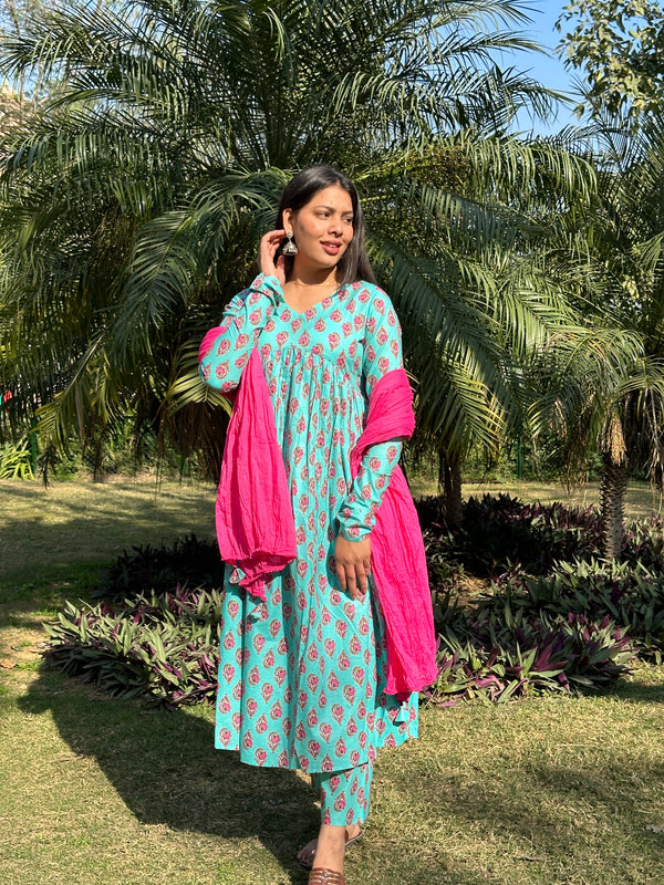 Pink Blue Mohini Suit Set - Jonaya