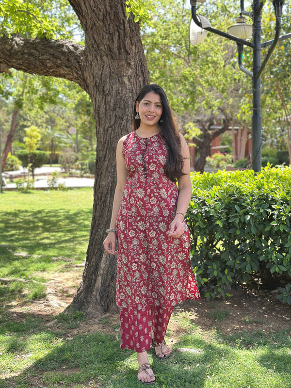 Maroon Black Floral Co-ord Set - Jonaya