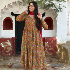 Pink mustard printed flare suit set Jonaya