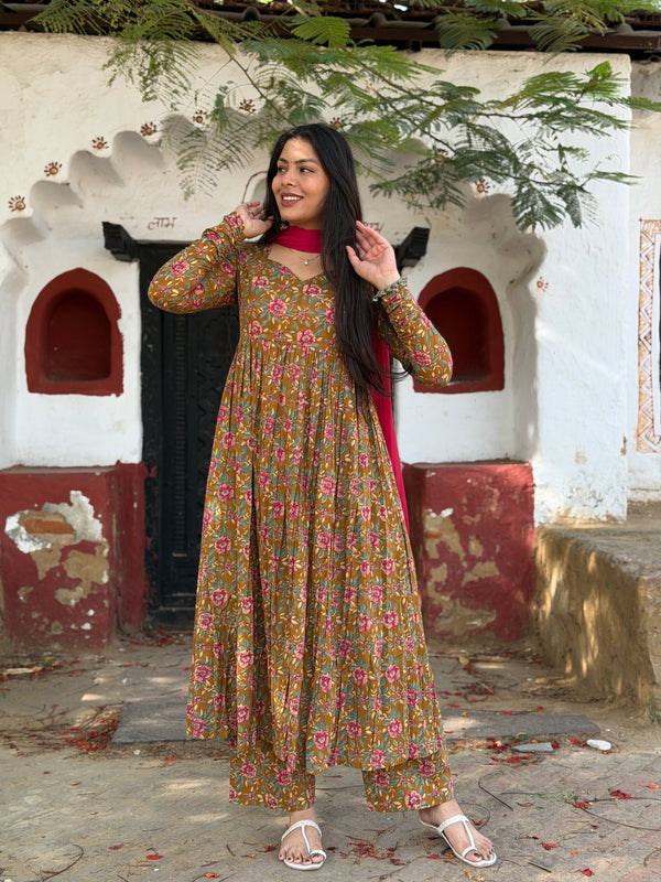 Pink mustard printed flare suit set Jonaya
