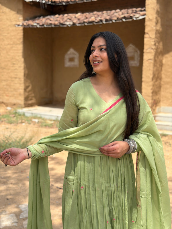 Sage Green Pink Embroidery Anarkali
