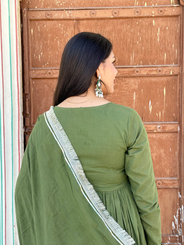 Pure Mul Cotton Mehndi Festive Flare Suit Set - Jonaya