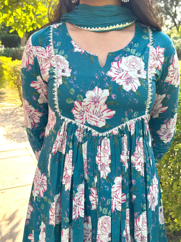 Rama Green Floral Flare Suit Set - Jonaya