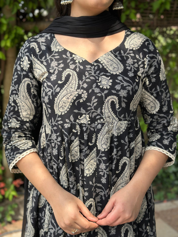Flory Black Grey Paisley Lace Anarkali Suit Set - Jonaya
