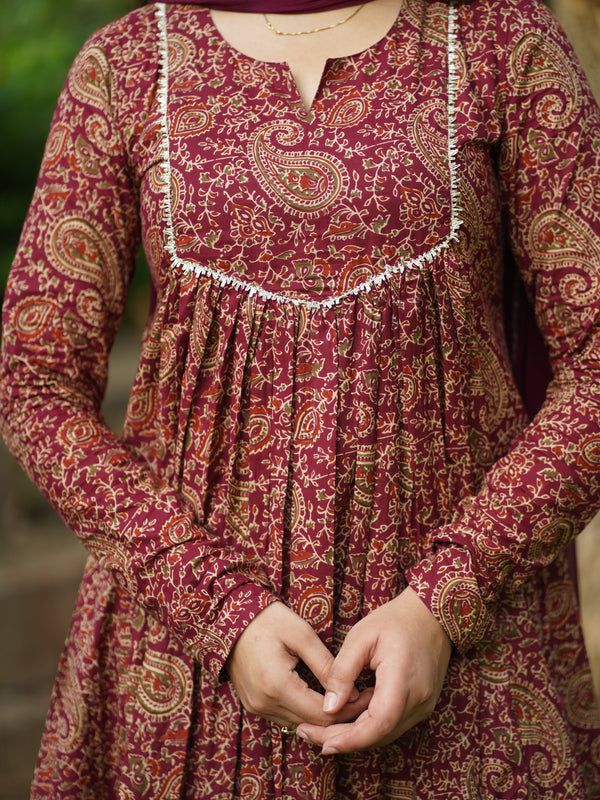 Maroon Paisley Lace Flair Suit Set - Jonaya