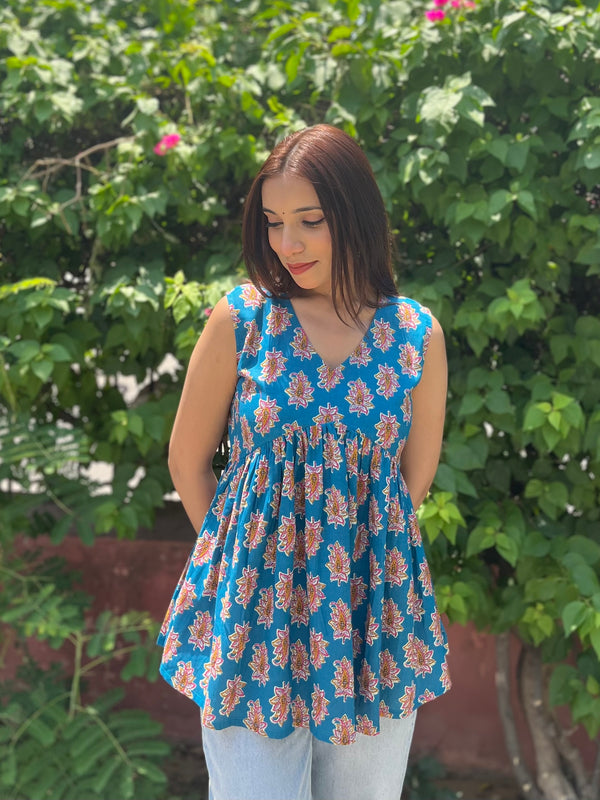 Pestal Blue Cut Sleeves Peplum Top - Jonaya