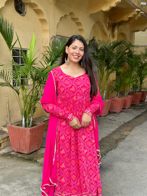 Pink Bandhani Anarkali Suit Set - Jonaya