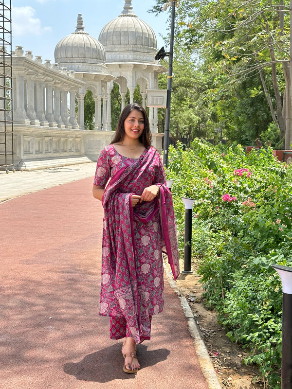 Pink Floral Straight Suit Set - Jonaya