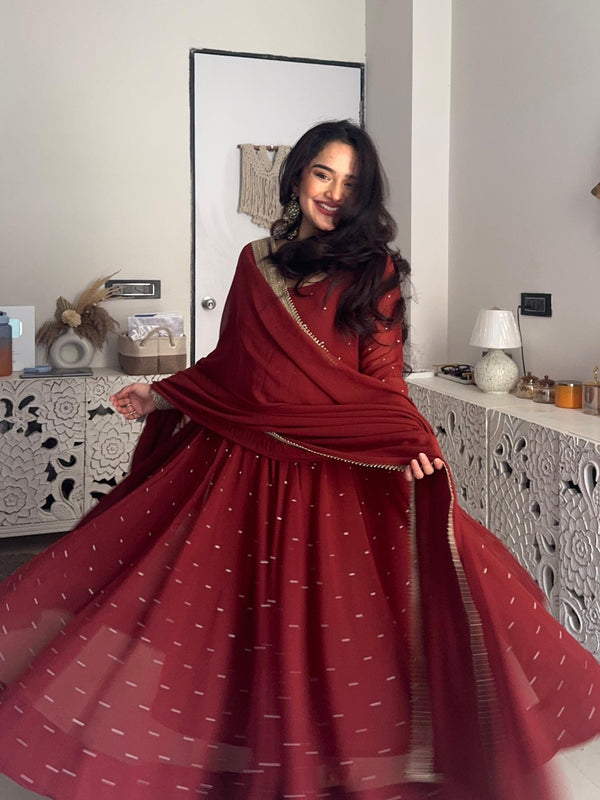 Burnt orange Pure Georgette Anarkali set - Jonaya