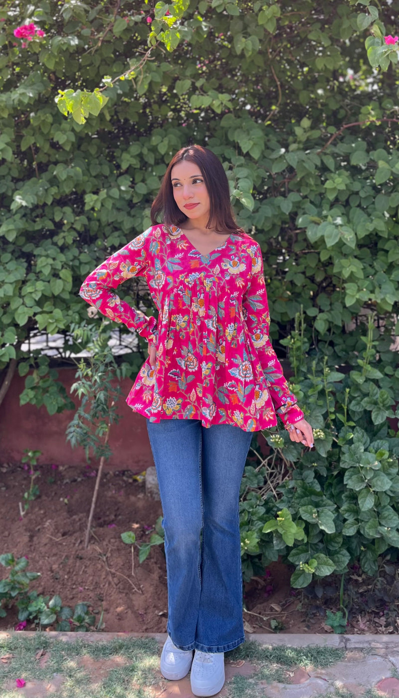Pop Pink full sleeves peplum top - Jonaya