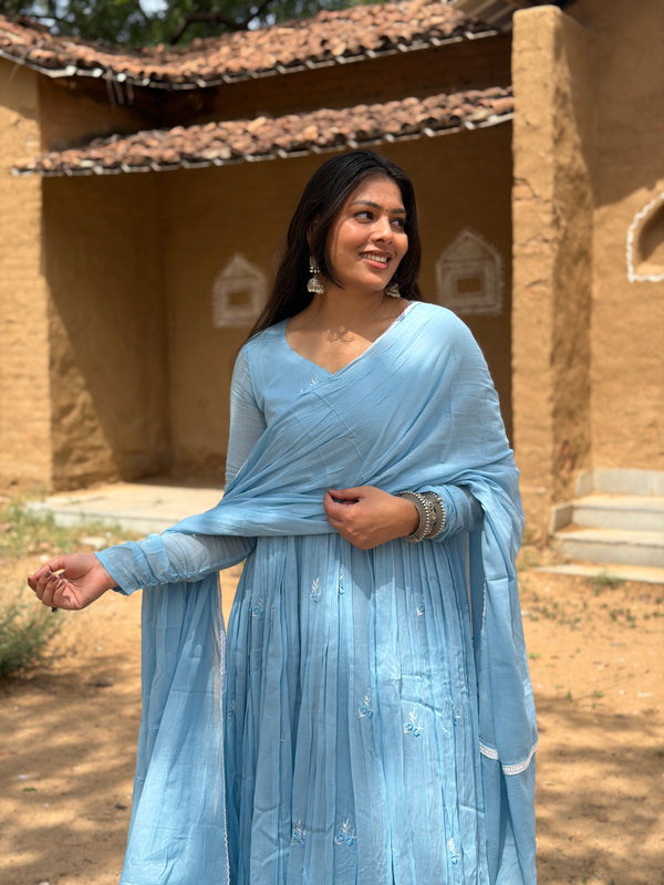 Powder blue white embroidery Anarkali