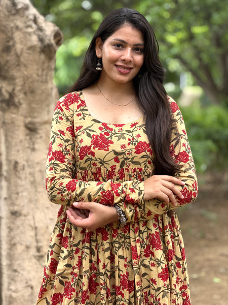 Beige Red garden kameez