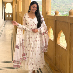 White pink petal handblock flare Anarkali Jonaya