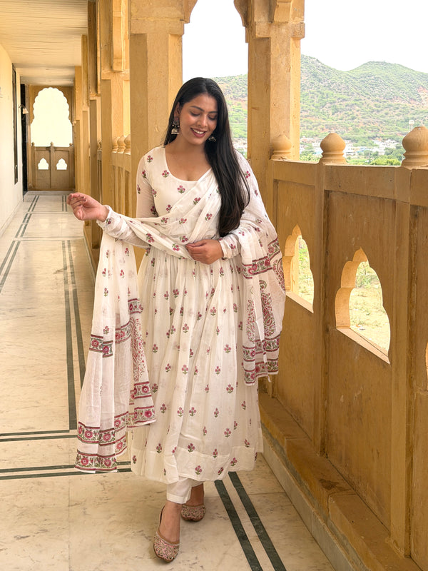 White pink petal handblock flare Anarkali Jonaya