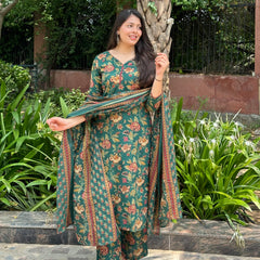 Green Maroon Floral Straight Suit Set - Jonaya