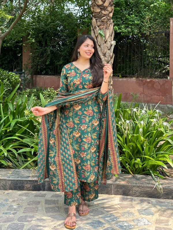Green Maroon Floral Straight Suit Set - Jonaya