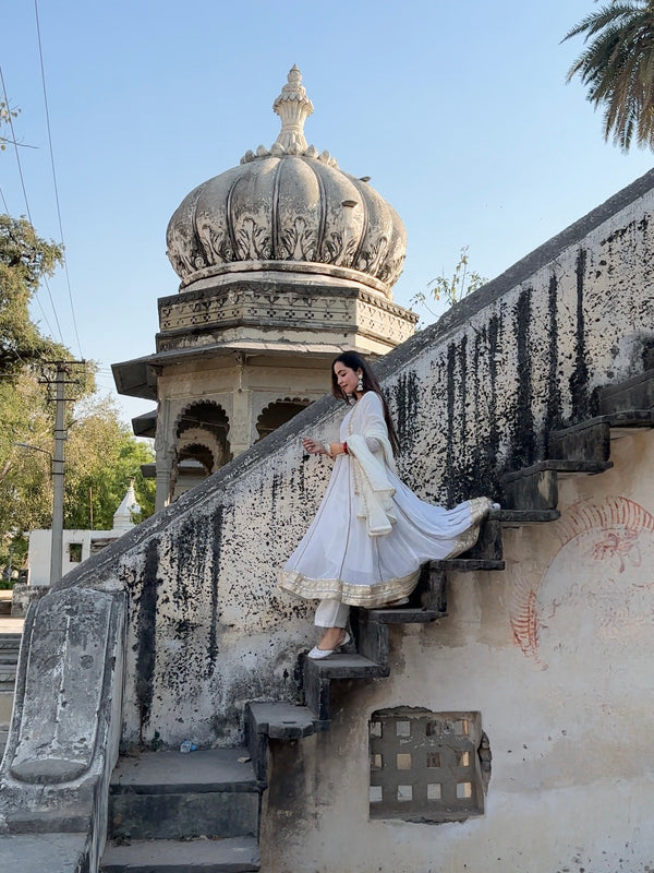 White and Gold Georgette Anarkali Set - Jonaya