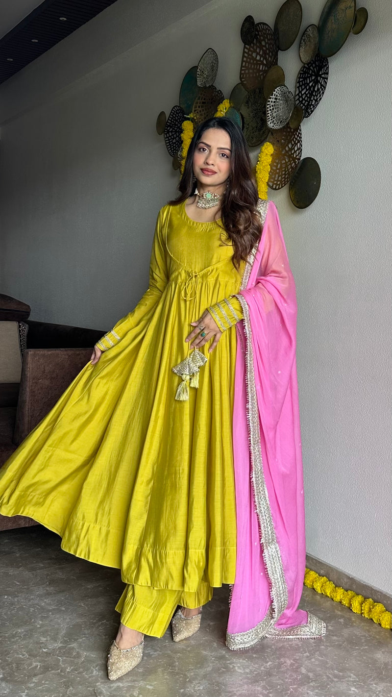Festive green pink anarkali suit set Jonaya