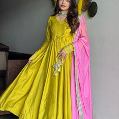 Festive green pink anarkali suit set Jonaya