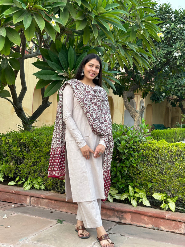 Grey maroon cotton Straight Suit Set - Jonaya