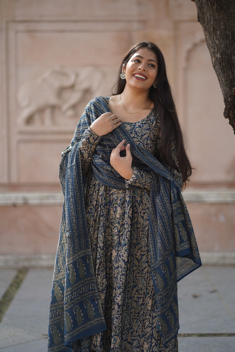 Blue kalamkari anarkali suit set