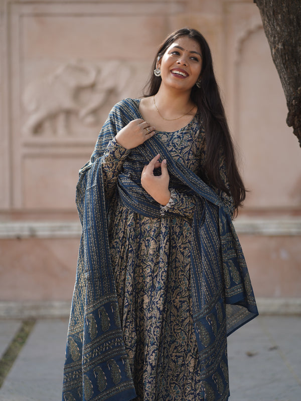 Blue kalamkari anarkali suit set