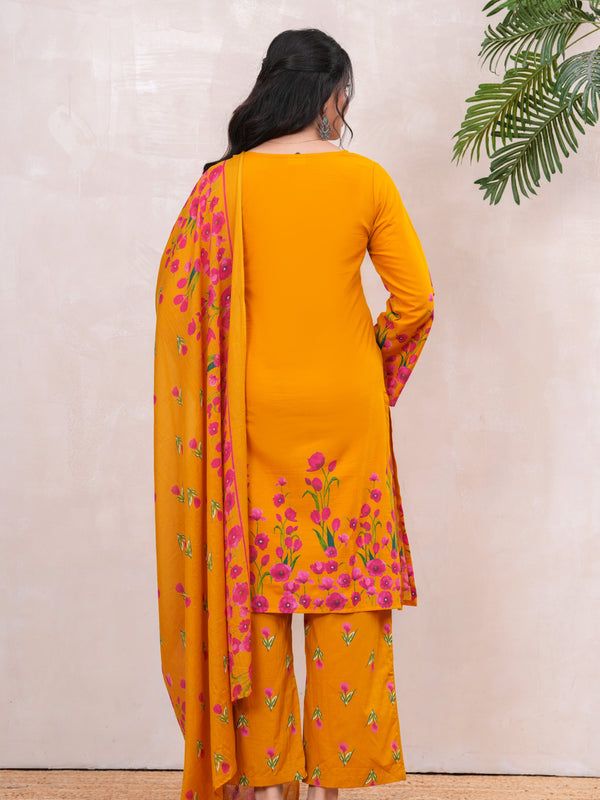 Pink Yellow Floral Straight Kurta Set - Jonaya