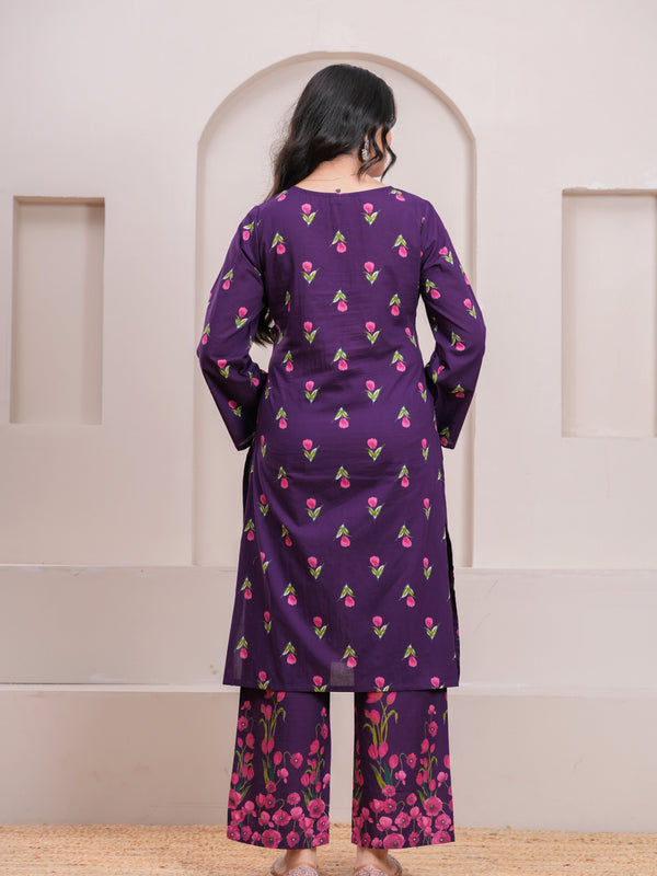 Purple Pink Floral Straight Suit Set - Jonaya