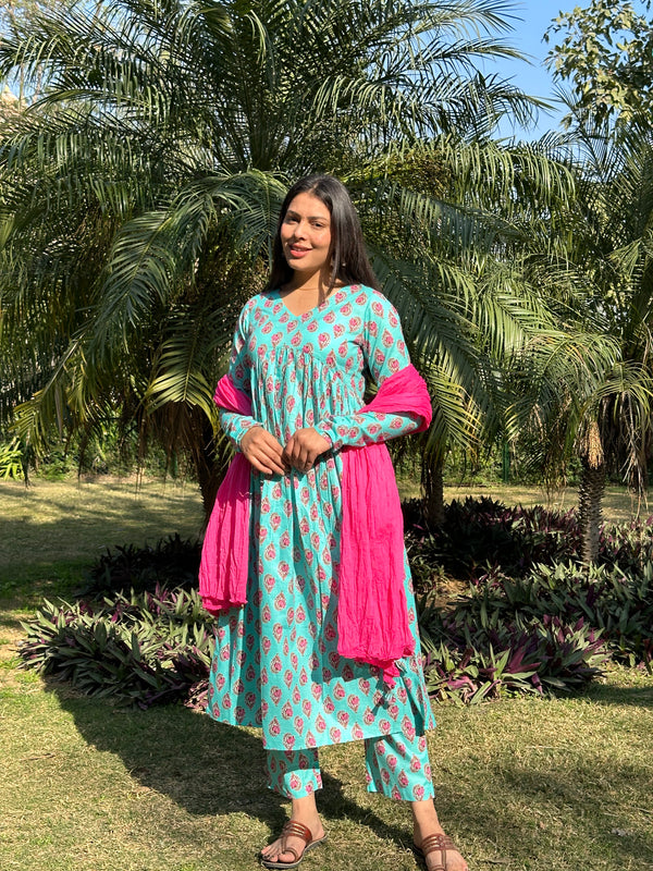 Pink Blue Mohini Suit Set - Jonaya