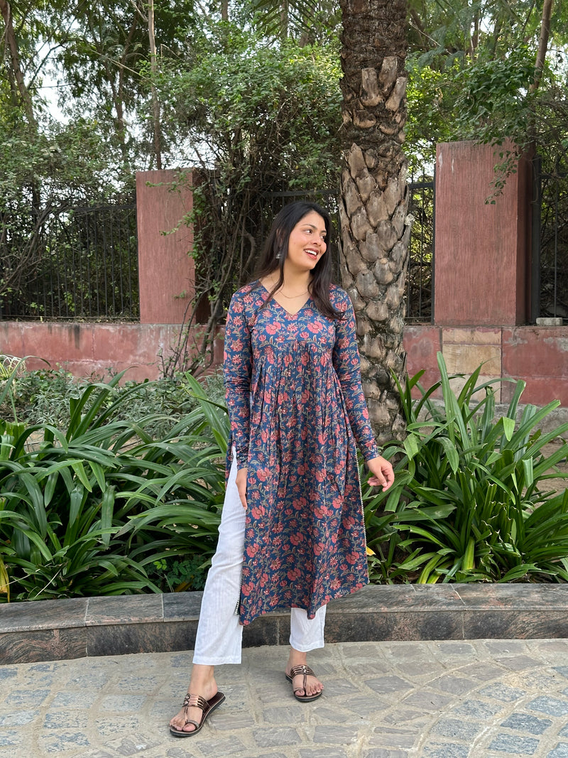Deep blue high slit Kameez - Jonaya